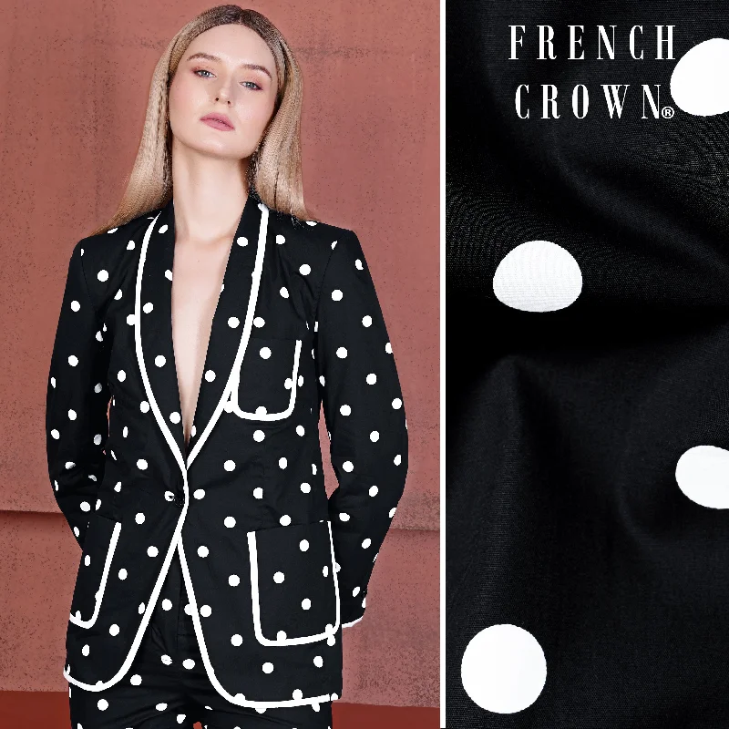 Plus Size Women's Embroidered Blazers in Floral Patterns for a Feminine TouchJade Black and Bright White Polka Dotted With White Piping Work Premium Cotton Women’s Designer Blazer