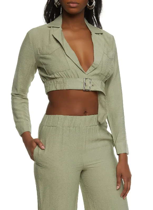 Double - Breasted Women's Polyester Blazers in Bright Colors for a Fun StyleLinen Long Sleeve Belted Blazer