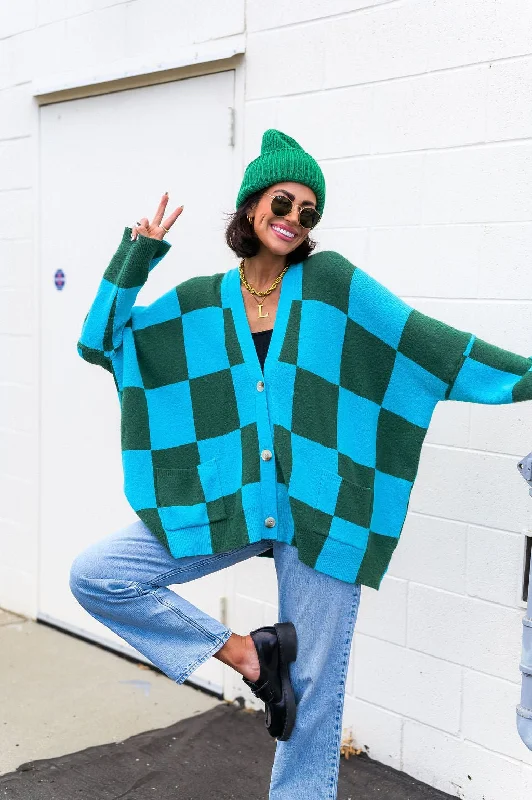 cropped women cardigan to pair with high - waisted jeanscropped women cardigan to pair with high - waisted jeansLove You Oversized Checkerboard Cardigan in Emerald + Sky