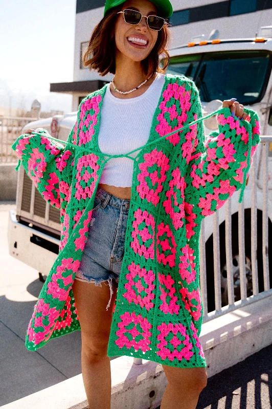 sequin embellished women cardigan for special occasionsOversized Granny Square Crochet Cardigan in Neon Watermelon