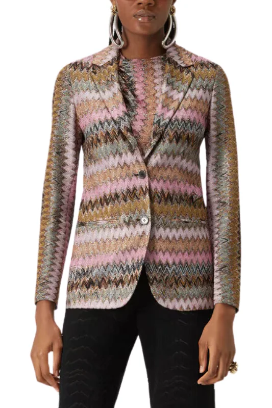 Women's Belted Blazers in Camel Color for a Sophisticated OutfitLamé Chevron Knit Blazer