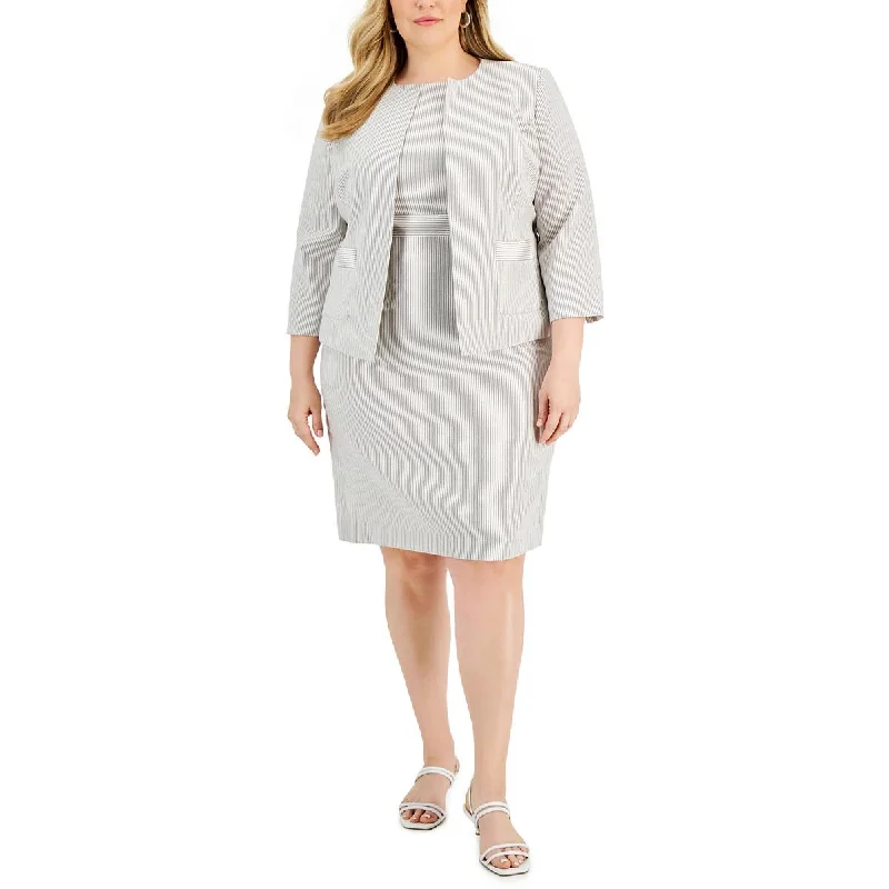 Plus Size Women's Ruffled Blazers in Pink for a Girly and Fashionable LookLe Suit Womens Plus Striped Open Front Collarless Blazer