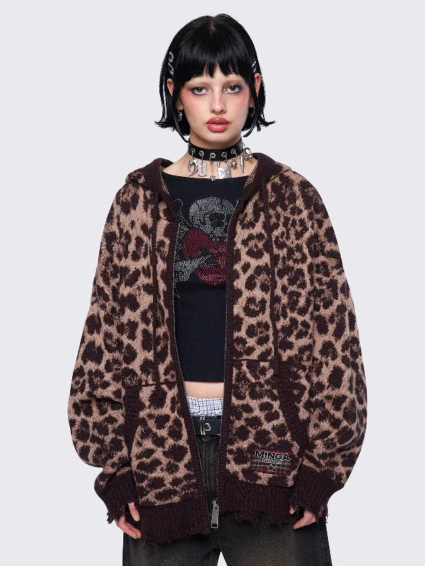 v neck women cardigan to elongate the necklinev neck women cardigan to elongate the necklineLeopard Knitted Zip-Up Hoodie