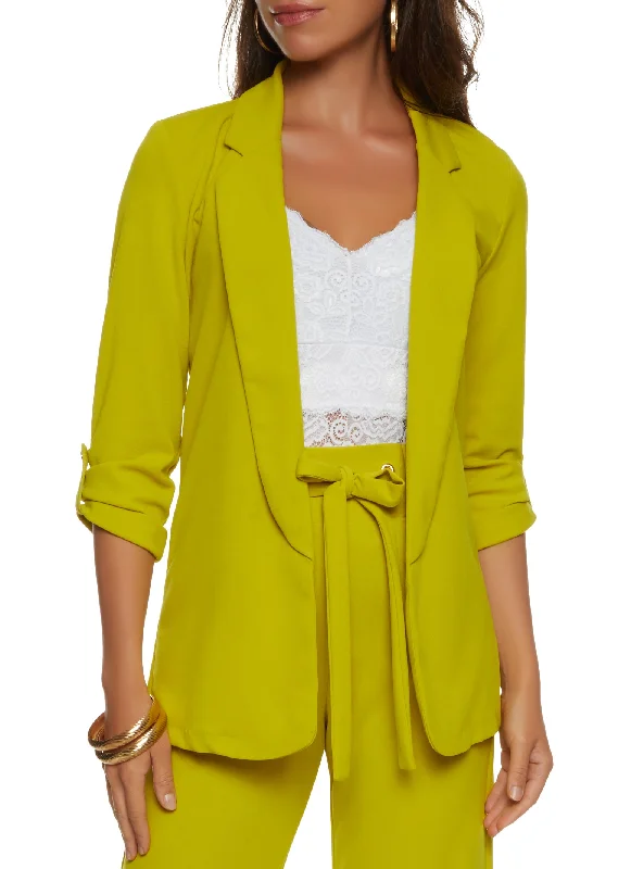 Plus Size Women's Double - Breasted Wool Blazers for Winter Office WearCrepe Knit Tabbed Sleeve Blazer