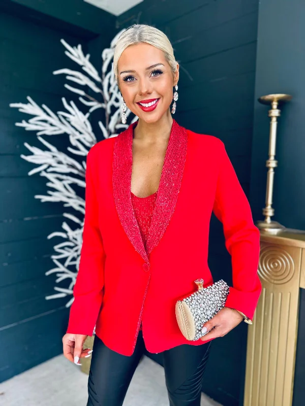 Single - Breasted Women's Linen Blend Blazers in Earth Tones for Casual WearMenlo Sequin Detail Blazer Red