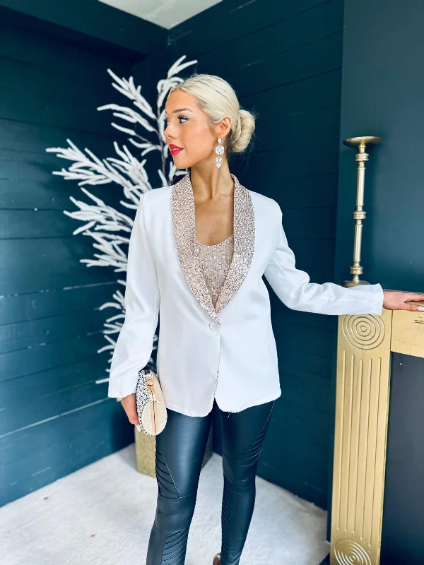 Plus Size Women's Double - Breasted Wool Blazers for Winter Office WearMenlo Sequin Detail Blazer White