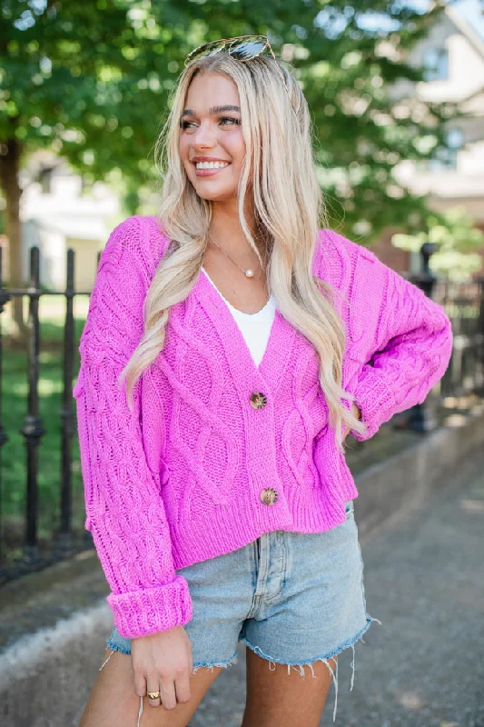 button down women cardigan with vintage buttonsMoments That Matter Magenta Cable Knit Cardigan