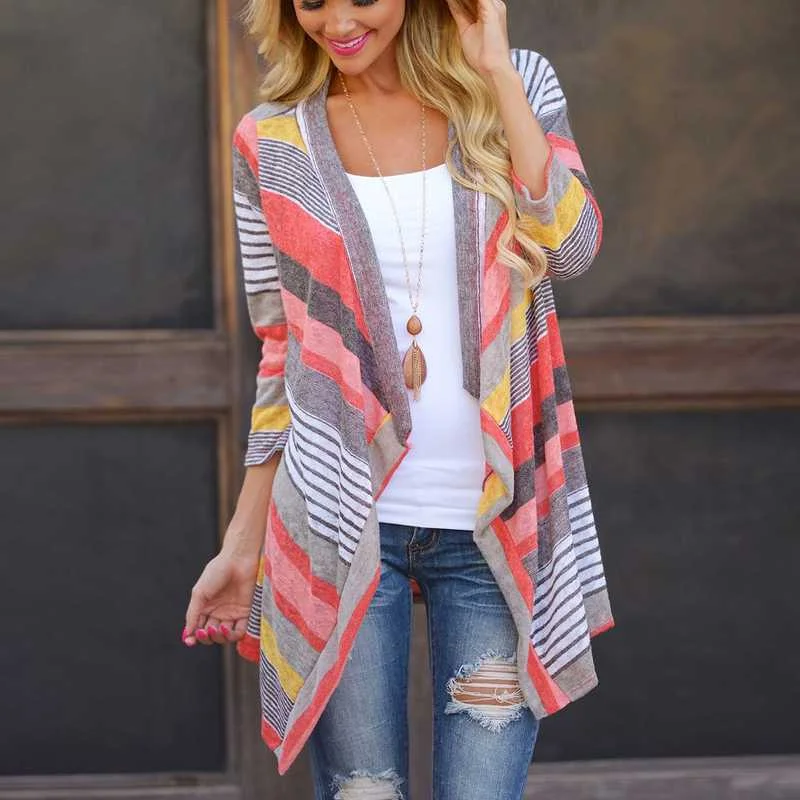 cashmere blend women cardigan for a luxurious feelAmy Fashion - Striped Print Boho Cardigan Outwear Knitted Casual Vintage Coat