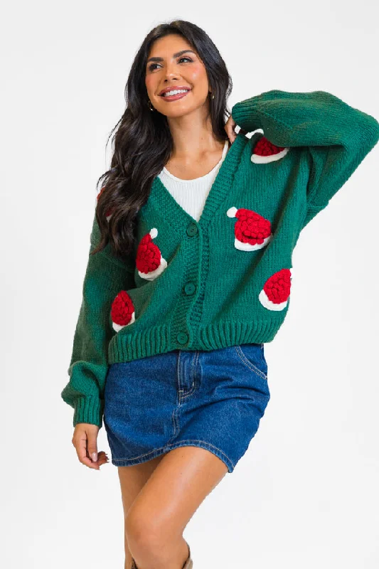 hand knitted women cardigan with artisanal charmhand knitted women cardigan with artisanal charmOle Saint Nick Green Santa Hat Cardigan