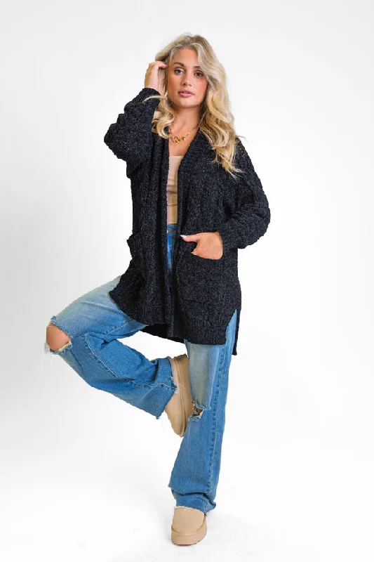 cropped women cardigan to pair with high - waisted jeansPerfect Day Black Chenille Cable Knit Cardigan