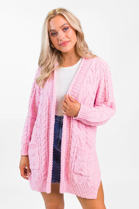 open front women cardigan for easy stylingPerfect Day Pink Chenille Cable Knit Cardigan