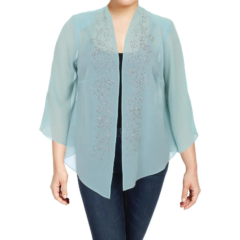 Plus Size Women's Military - Inspired Blazers with Gold Accents for a Bold LookR&M Richards Womens Plus Chiffon Embellished Topper Jacket