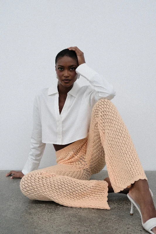 hand knitted women cardigan with artisanal charmRosana Crochet Straight Leg Pants - Apricot