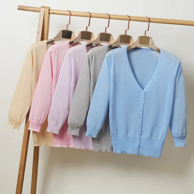 machine washable women cardigan for easy careAmy Fashion - Knitted  3/4 Sleeve V-Neck Solid Casual Woman Cardigan Sweater