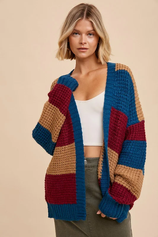 cable knit women cardigan with intricate patternsTeal Colorblock Chunky Cardigan