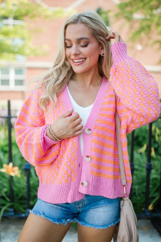 sequin embellished women cardigan for special occasionssequin embellished women cardigan for special occasionsTime To Waste Pink And Orange Checkered And Striped Cardigan