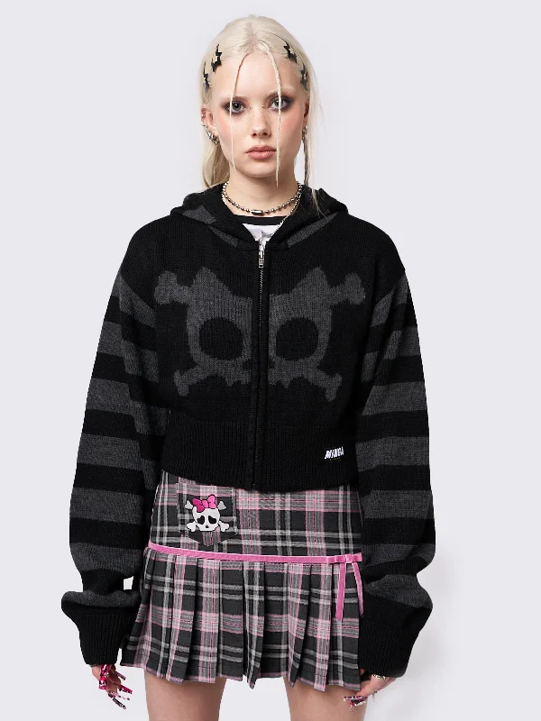 hooded women cardigan for added warmth and styleWhiskered Skull Cropped Knit Zip Up Hoodie