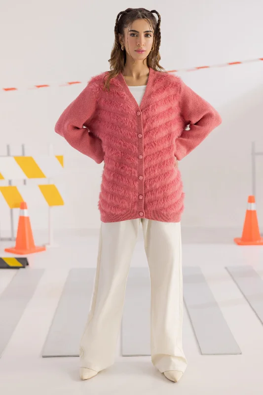 hand knitted women cardigan with artisanal charmhand knitted women cardigan with artisanal charmPINK V-NECK FULL SLEEVES CARDIGAN SWEATER (24X-019-66)