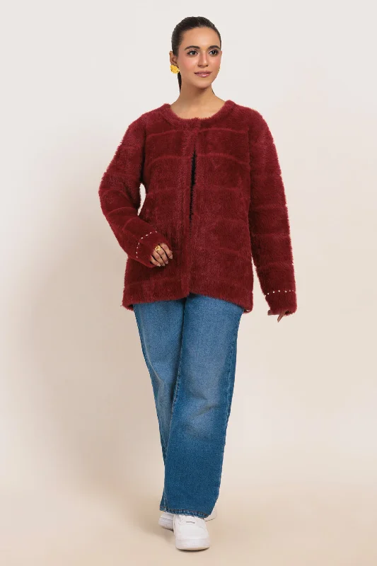 ribbed women cardigan with a classic textureribbed women cardigan with a classic textureMAROON ROUND NECK FULL SLEEVES CARDIGAN SWEATER (24X-024-66)