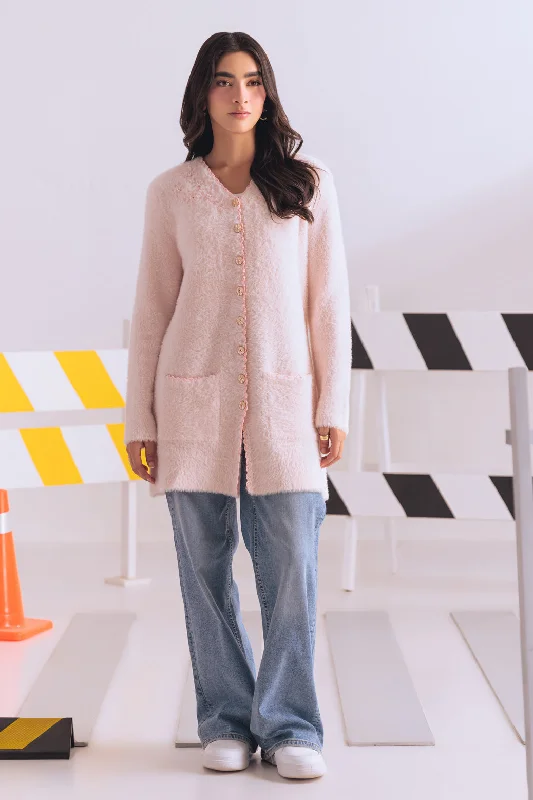 ribbed women cardigan with a classic textureribbed women cardigan with a classic texturePINK V-NECK FULL SLEEVES CARDIGAN SWEATER (24X-074-66)