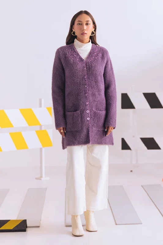oversized women cardigan for a trendy and cozy lookoversized women cardigan for a trendy and cozy lookPURPLE V-NECK FULL SLEEVES CARDIGAN SWEATER (24X-074-66)