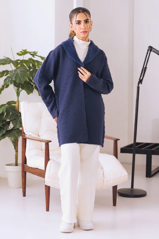 ribbed women cardigan with a classic textureribbed women cardigan with a classic textureNAVY COAT COLLAR FULL SLEEVES CARDIGAN SWEATER (24X-075-66)