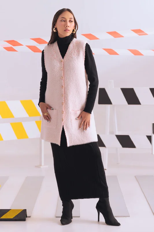 hand knitted women cardigan with artisanal charmhand knitted women cardigan with artisanal charmPINK V-NECK SANDO CARDIGAN SWEATER (24X-078-66)