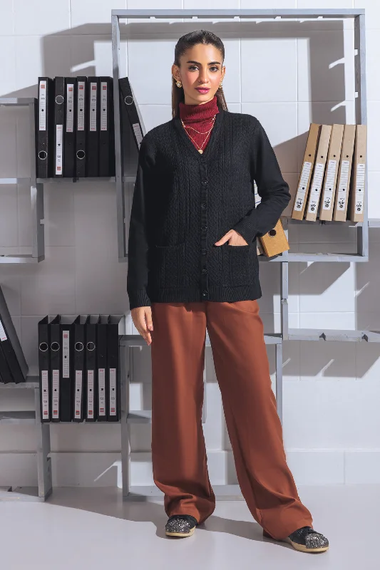 hooded women cardigan for added warmth and stylehooded women cardigan for added warmth and styleBLACK-FULL SLEEVE V-NECK-CARDIGAN SWEATER (24X-169-66)
