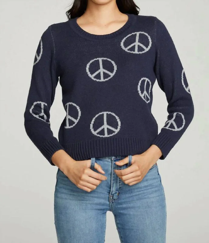 Mock Neck Women's Angora Blend Sweater Dresses in Solid ColorsAll Over Peace Sweater In Navy Blue