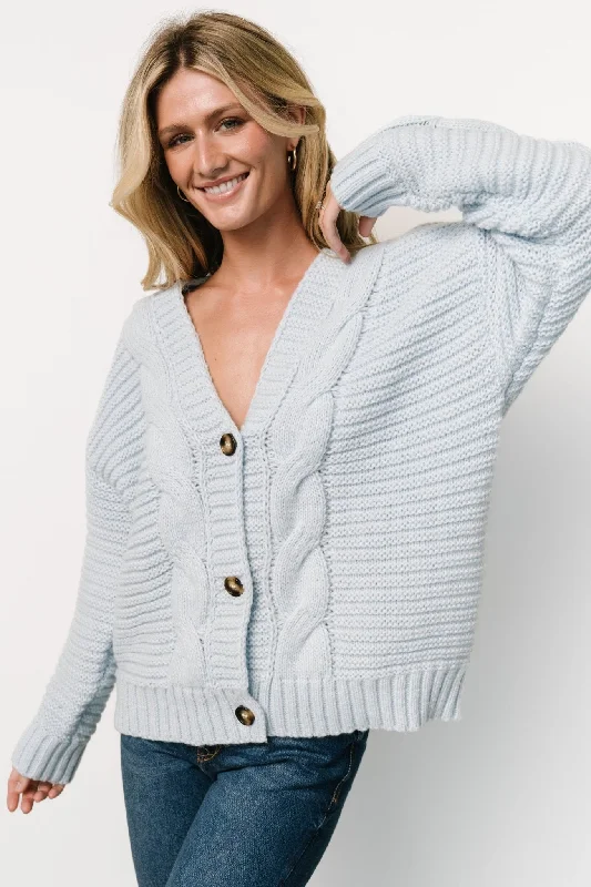 cropped women cardigan to pair with high - waisted jeanscropped women cardigan to pair with high - waisted jeansAmes Cable Knit Cardigan | Light Blue