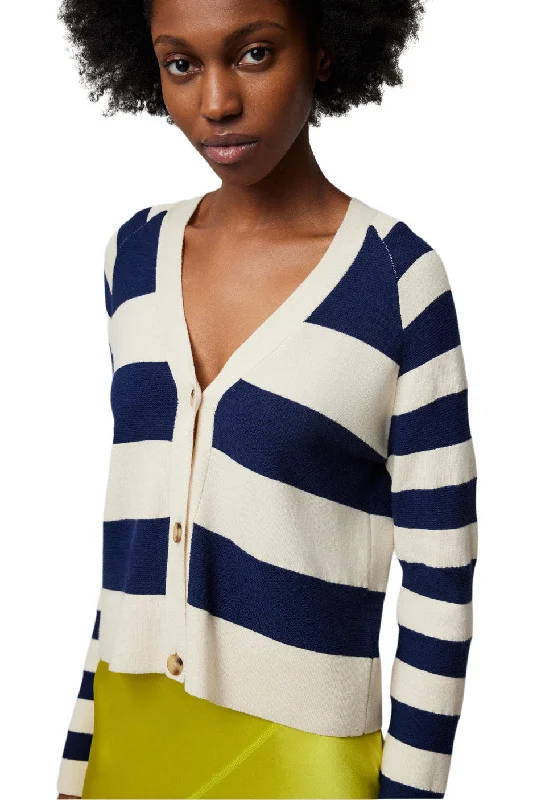 hand knitted women cardigan with artisanal charmhand knitted women cardigan with artisanal charmATM Cotton Blend Mixed Stripe Cardigan in Chalk-Ink