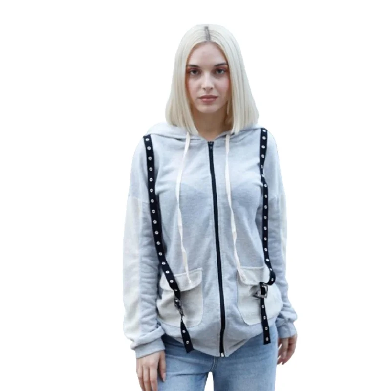 Plus Size Women's Side - Slit Sweaters in Bold SolidsBelt & Reversed Details Zip-up Hooded Sweater
