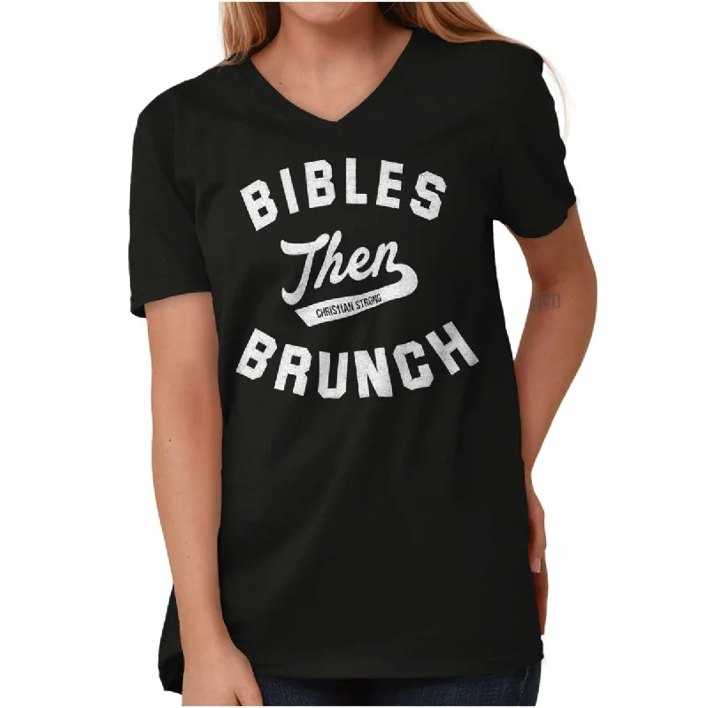 Long Sleeve Women T Shirt for Cooler WeatherBibles Then Brunch V-Neck T Shirt