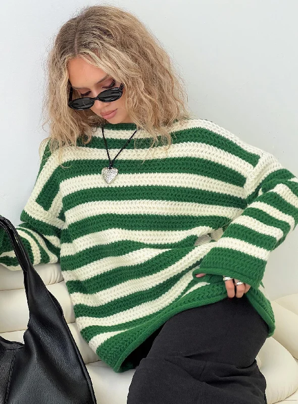 V - Neck Women's Ribbed Wool Sweaters for FallBrando Knit Sweater Green / Cream Stripe