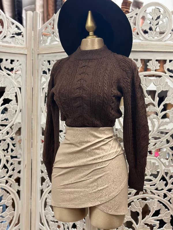 Plus Size Women's Ruffled Hem Sweaters in Floral PrintsBrown Mock Neck Cable Knit Sweater