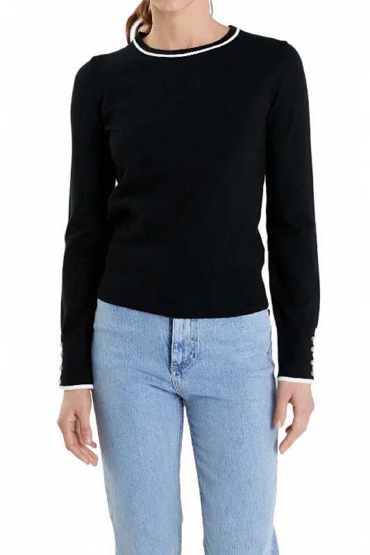 Plus Size Women's Embroidered Sweaters in Ethnic StylesButton Detail Knit Sweater In Black