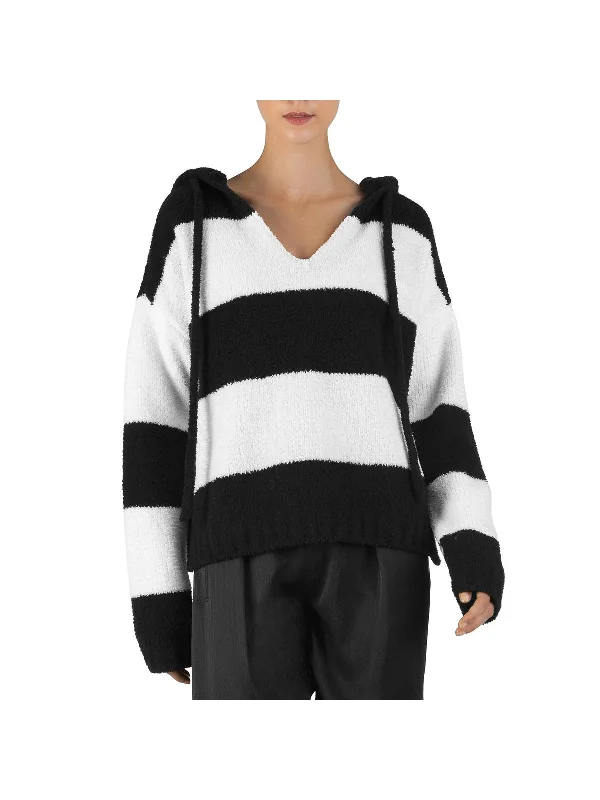 Tie - Front Women's Lambswool Sweaters in Pastel HuesChenille  Womens Striped Hoodie V-Neck Sweater