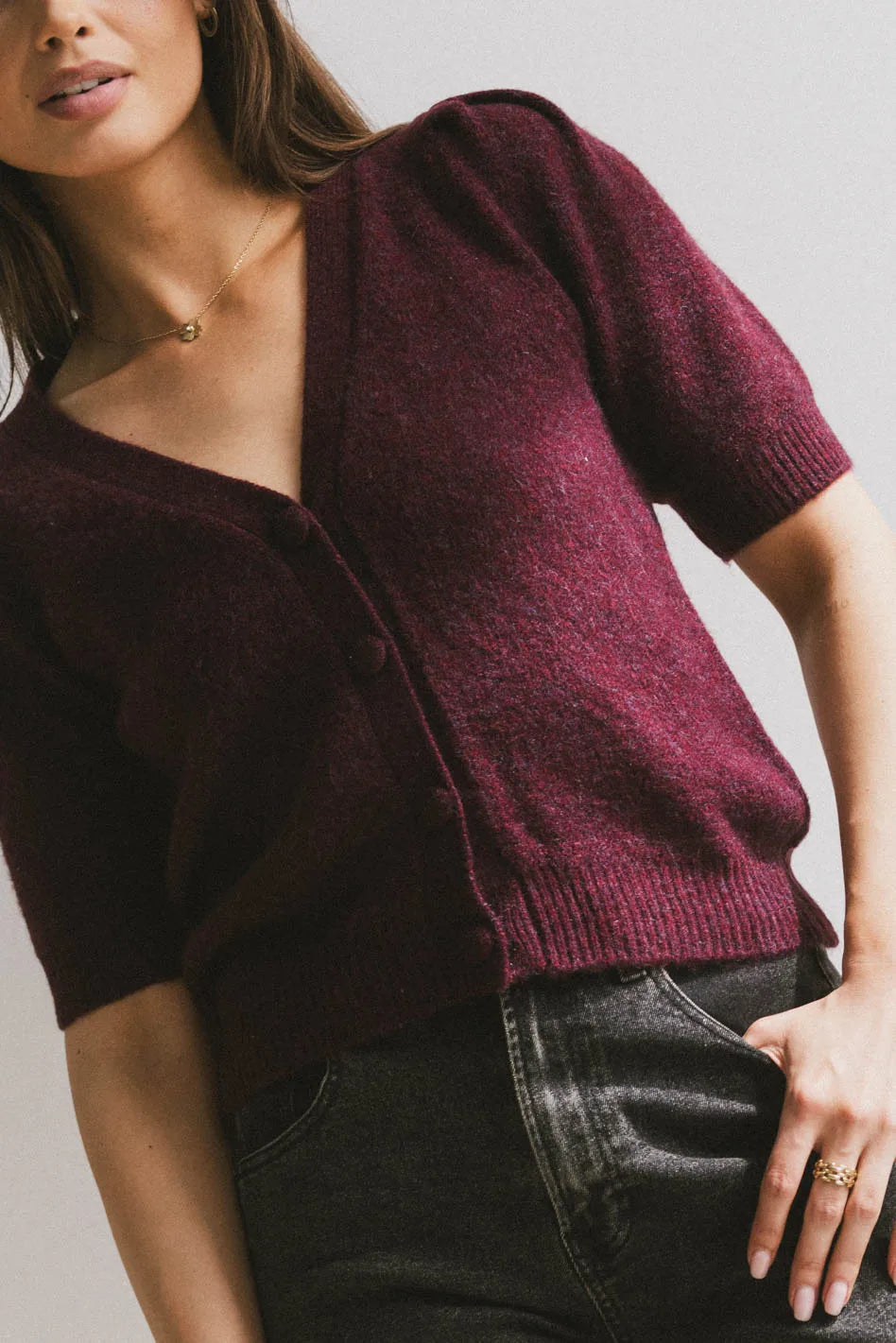 long length women cardigan with side slitslong length women cardigan with side slitsColletta Short Sleeve Cardigan in Wine