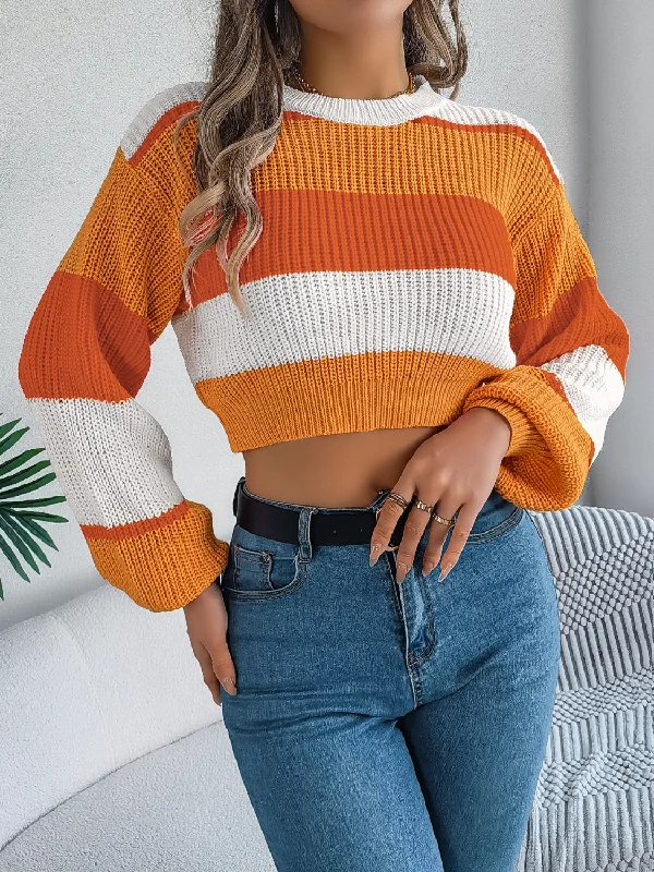 Belted Women's Cotton Blend Sweater Dresses for a Casual LookColor Block Round Neck Cropped Sweater