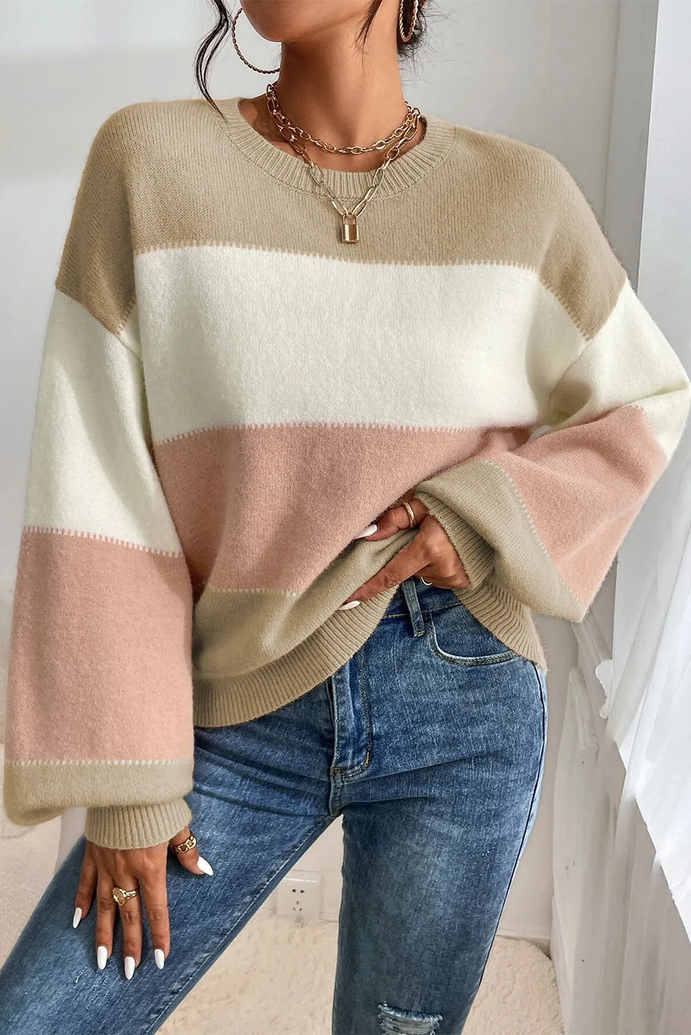 Mock Neck Women's Alpaca Wool Sweaters in Earth TonesColor Block Round Neck Lantern Sleeve Sweater