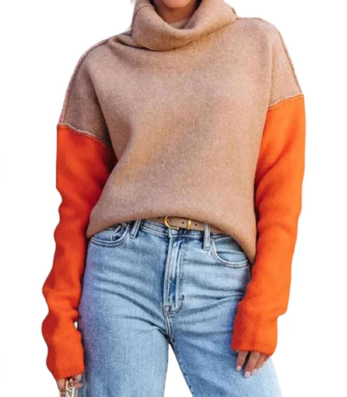 Longline Women's Mohair Sweater Dresses in a Loose FitColor Block Turtleneck Sweater In Pink/orange