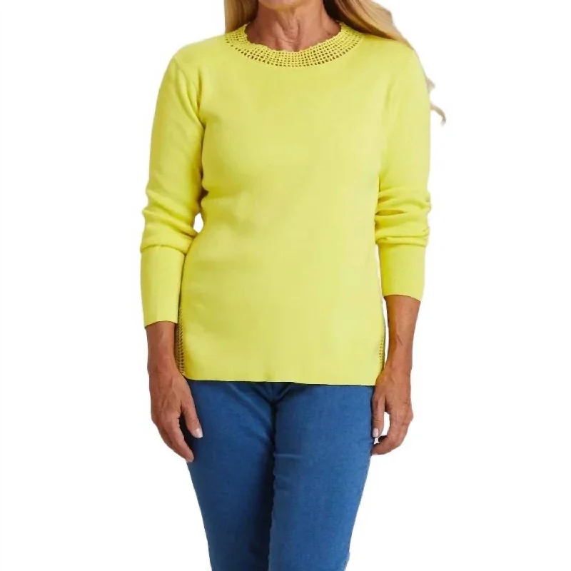 Plus Size Women's Side - Slit Sweaters in Bold SolidsCrochet Crewneck Sweater In Lemon