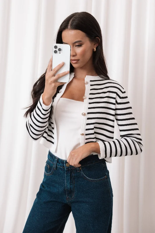 cropped women cardigan to pair with high - waisted jeanscropped women cardigan to pair with high - waisted jeansCynthia Striped Button Front Cardigan - Black/Cream