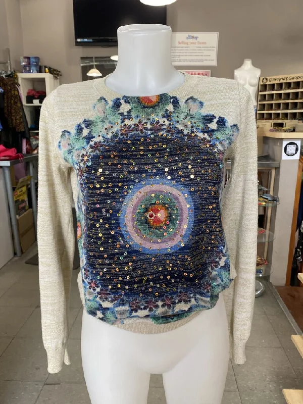 Short Sleeve Women's Cotton Blend Sweaters in Pastel ColorsDesigual metallic fibre sequin print light knit sweater S