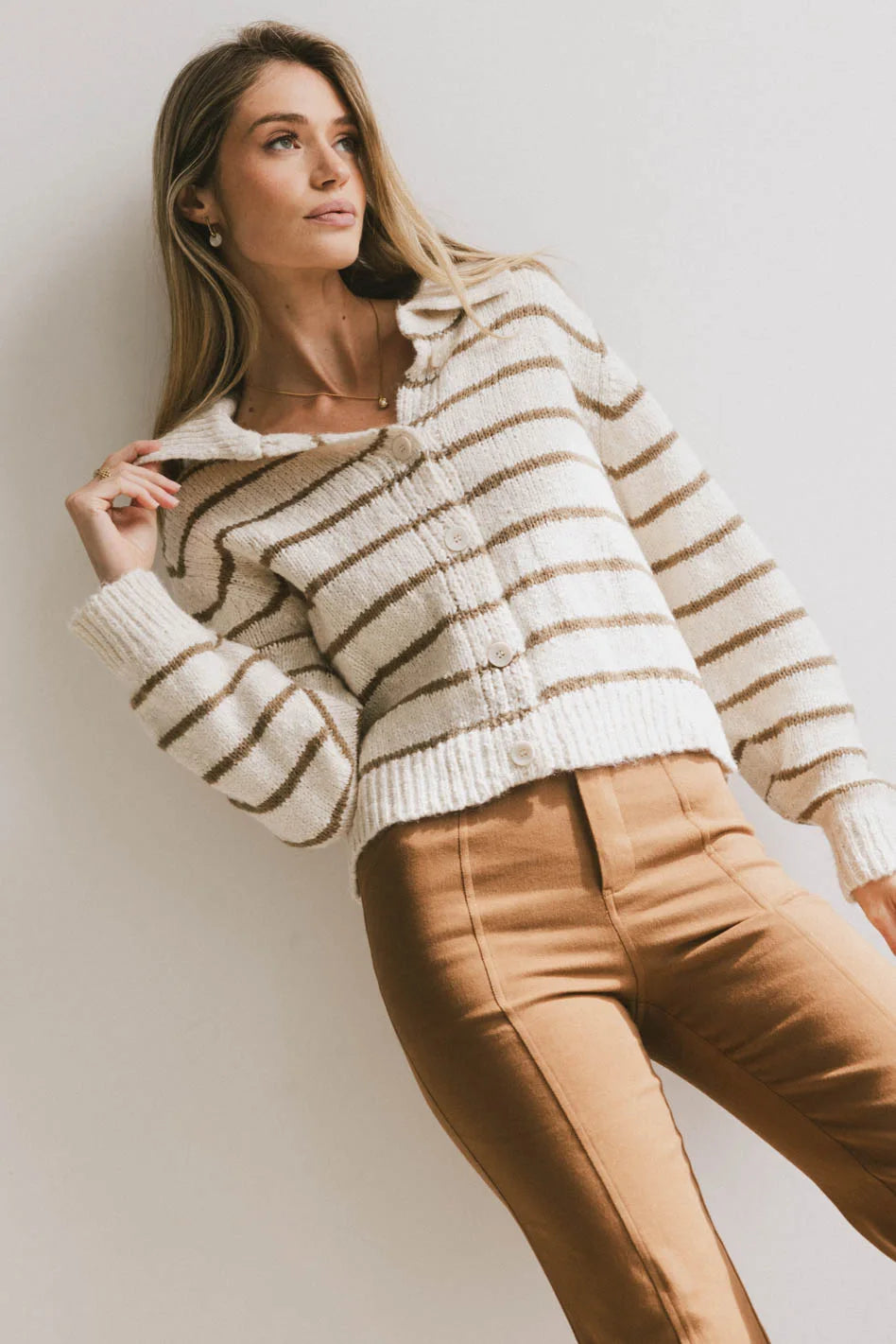 ribbed women cardigan with a classic textureribbed women cardigan with a classic textureDolly Striped Knit Cardigan in Olive