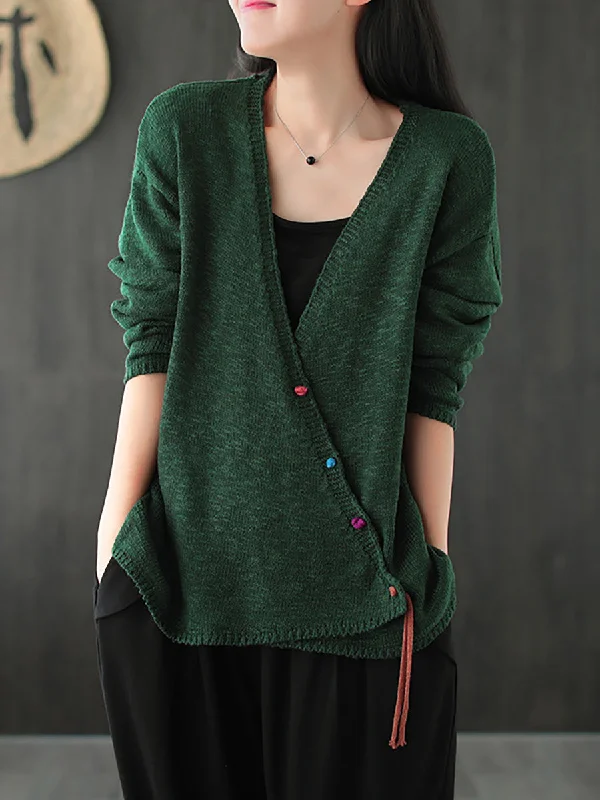 Plus Size Women's Embroidered Sweaters in Ethnic StylesFall Knitted Retro Solid Color V-neck Sweater
