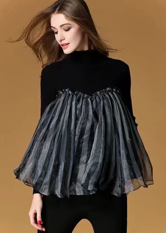 Plus Size Women's Side - Slit Sweaters in Bold SolidsFashion Black High Neck Tulle Patchwork Striped Knit Sweaters Spring