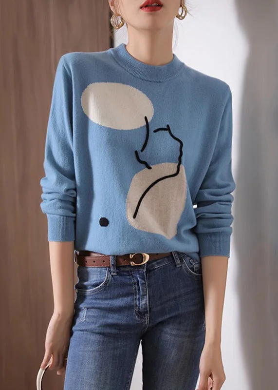 Button - Down Women's Shetland Wool Sweaters in Traditional PatternsFashion Blue O Neck Geometric Print Patchwork Knit Sweaters Fall