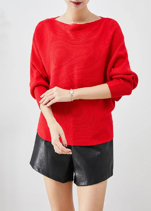 Sleeveless Women's Silk - Trimmed Sweaters for SummerFine Red Slash Neck Oversized Knit Sweater Tops Batwing Sleeve