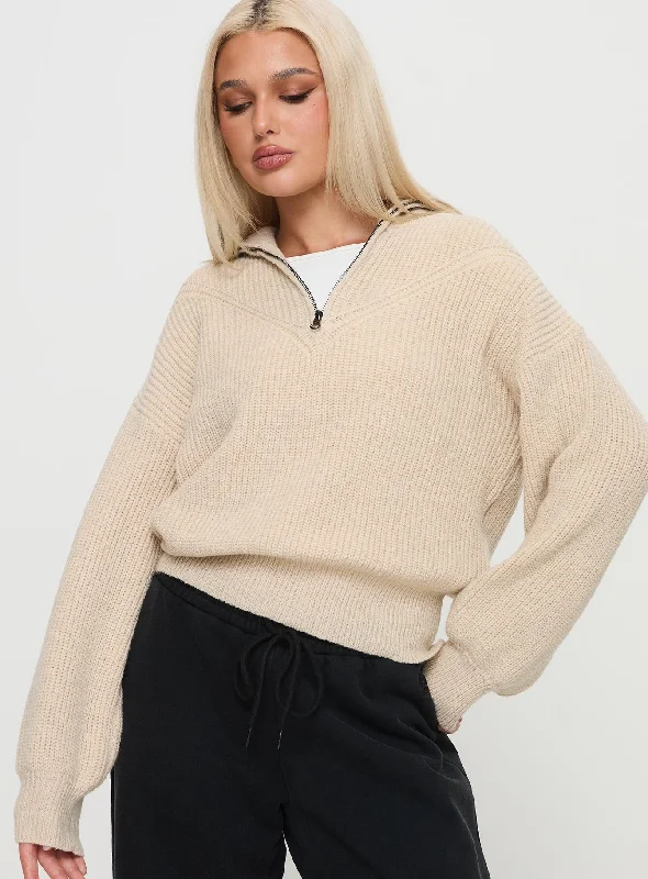 V - Neck Women's Ribbed Wool Sweaters for FallFireheart Zip Through Knit Sweater Beige